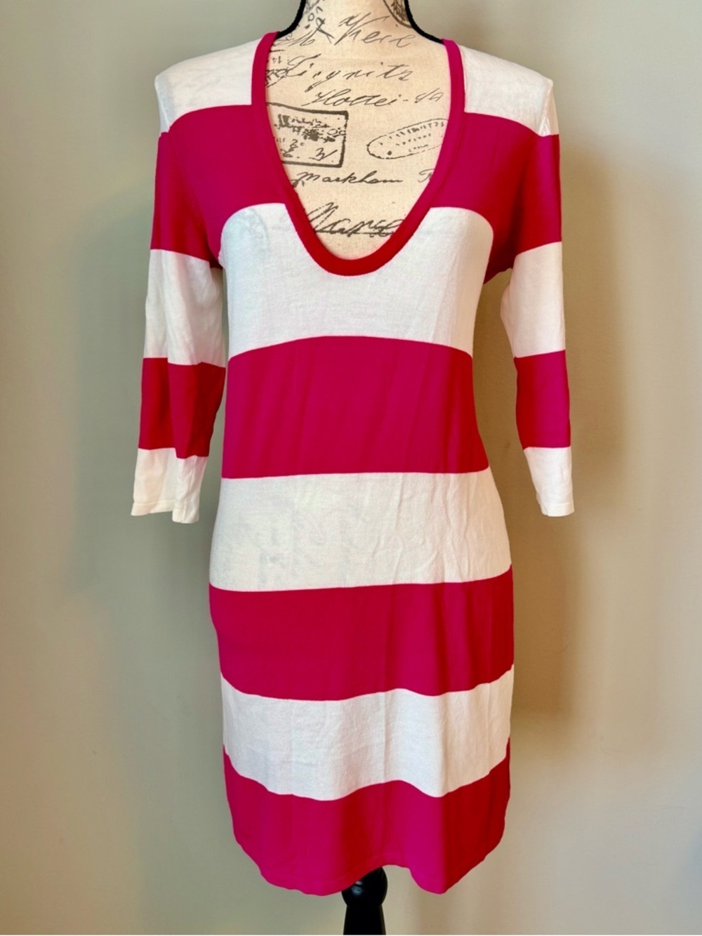 Tommy Bahama Pink White Stripe Dress Medium Deep Scoop 3/4 Sleeve Resort Coastal